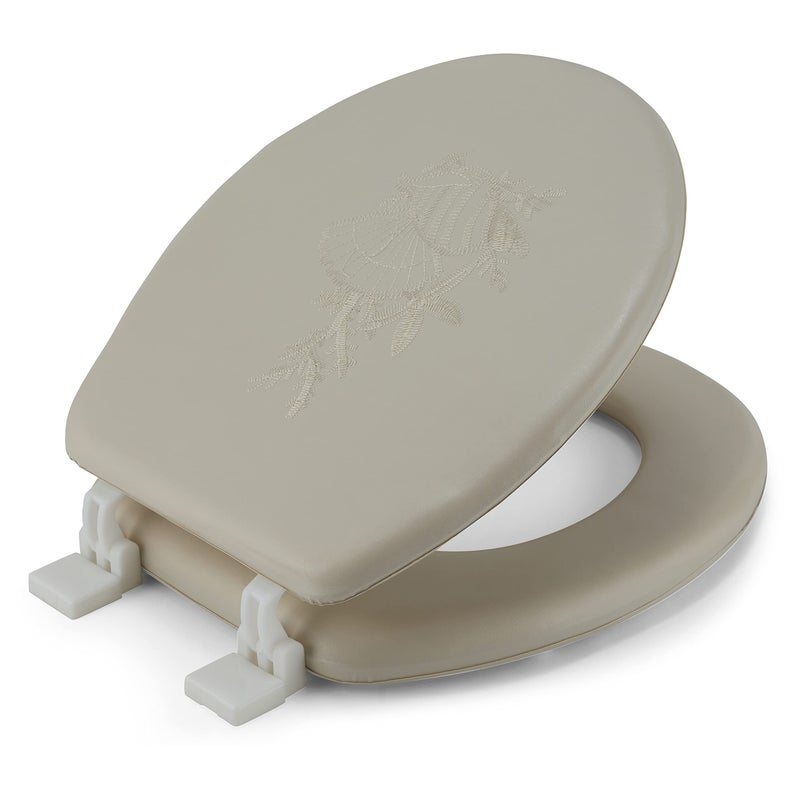 J&V Textiles Embroidered Soft Round Toilet Seat With Easy Clean & Change Hinge, Padded (Beige) - Image 1